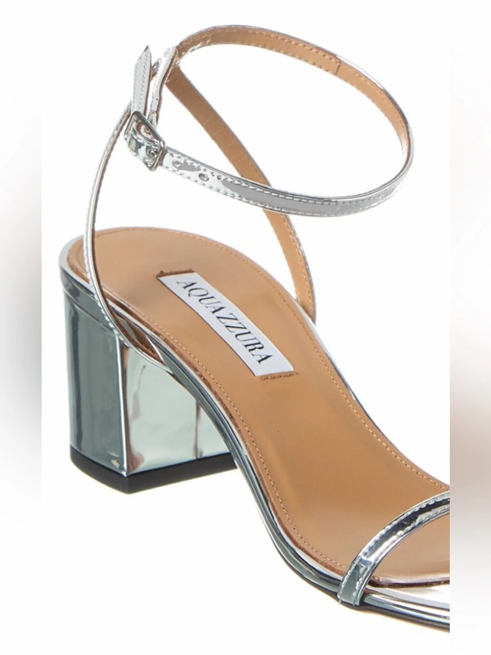 Aquazzura Deneuve Bow 50 Silver Metallic Ankle-Strap Block Heel Sandals Size 37